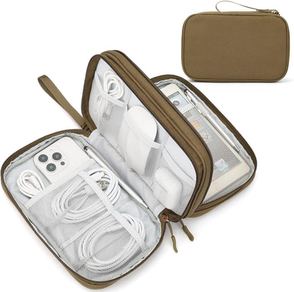 FYY Electronic Organizer, Large Travel Cable Organizer Bag Pouch Electronic Accessories Carry Case Portable Waterproof Double Layers All-in-One Storage Bag for Cable, Cord, Charger, Phone, Brown