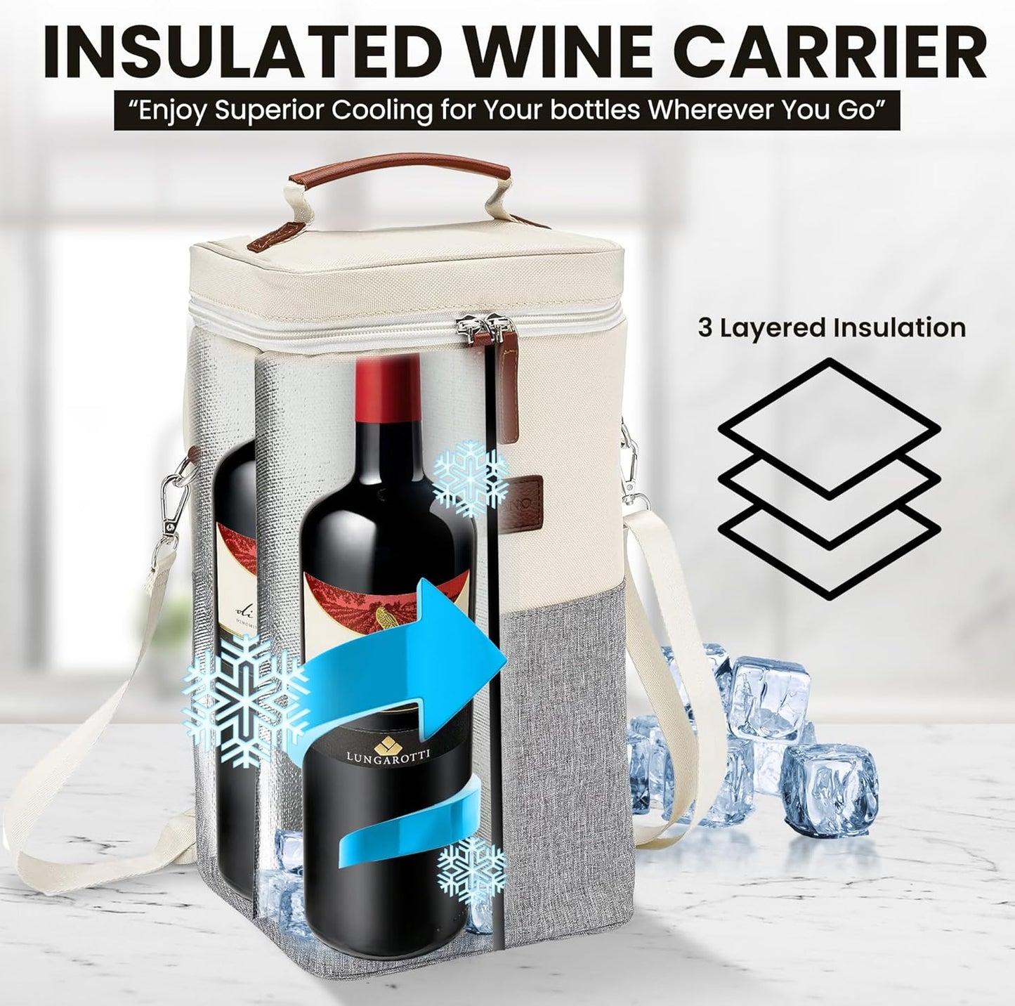 Insulated Wine Bag Cooler – Beige and Gray, Holds 4 Bottles, Wine Opener, Shoulder Strap, Expandable Zipper, 7.8 x 5 x 15 inches, Perfect for Travel & Picnic