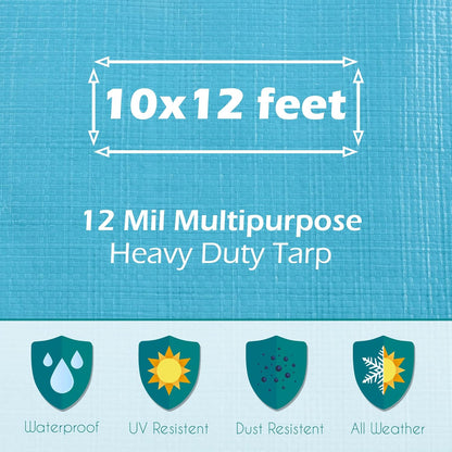Tarps Heavy Duty Waterproof 10x12-12 mil Thick Camping Tent - Blue Tarp 10x12 UV Resistant, Rip & Tear Proof with Metal Grommets – Multipurpose Use for Camping, Tent, Boat, RV, Car, & Pool Cover