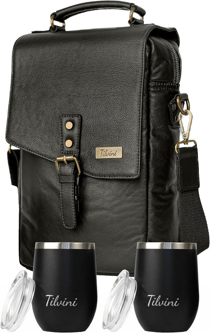 Leather Wine Bag & Wine Tumblers Set. Wine Gifts For Men Birthday. Leather Wine Carrier. Unique Insulated Cooler Bag Bottle Carrier. Wine Tote Bags For Travel Beach. Wine Lovers Picnic Idea