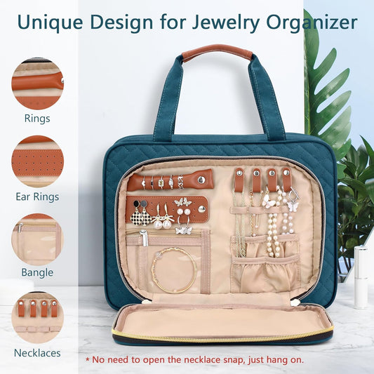 Wedama Toiletry Bag for Women, Hanging Travel Toiletry Bag with Jewelry Organizer Compartment Large Makeup Bag, PVC Waterproof Cosmetic Travel Bag for Travel Business Trips Camping Bathroom, Blue