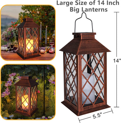 TAKE ME 14" Solar Lanterns Outdoor Garden Hanging Lantern Waterproof LED Flickering Flameless Candle Mission Lights for Table,Outdoor,Party