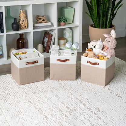 OrganiHaus 11x11 Fabric Cubes Storage Bins Set of 4, Foldable Collapsible Fabric Storage Bins for Organizer, Cubbies Organizer for Kallax, Linen Cube Shelf Baskets, Toy Organizing boxes - Beige/White