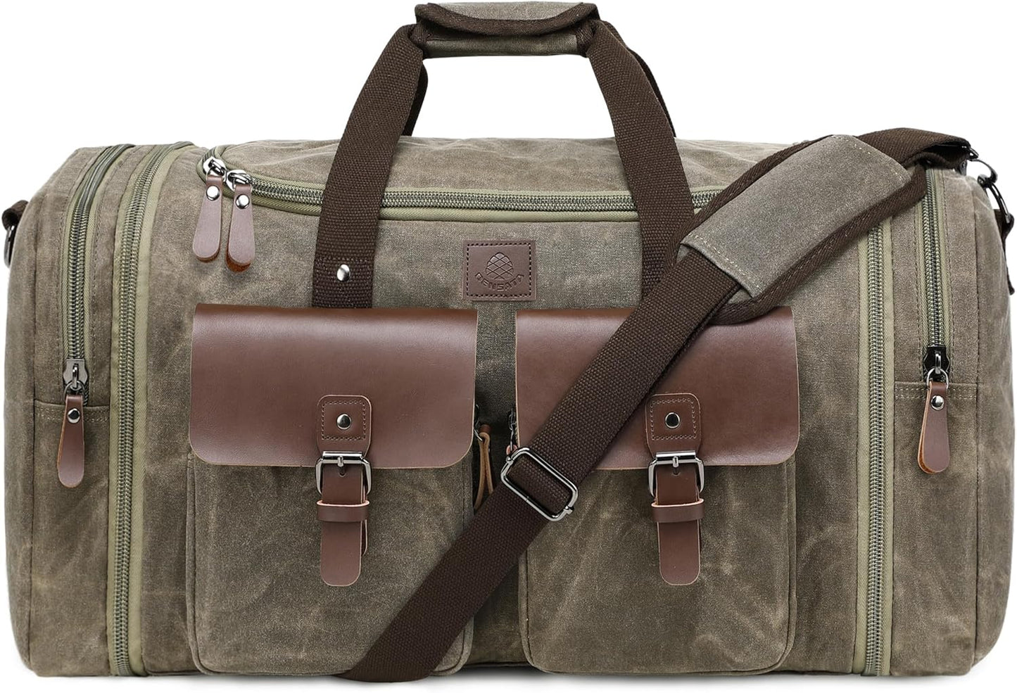 Waxed Canvas Duffle Bag for Men 60L Travel Duffel Bags Expandable Genuine Leather Duffel Overnight Weekender Carry On Bag Two Zipper Pockets Travel Bag (Vintage Grey, X Large-60L)