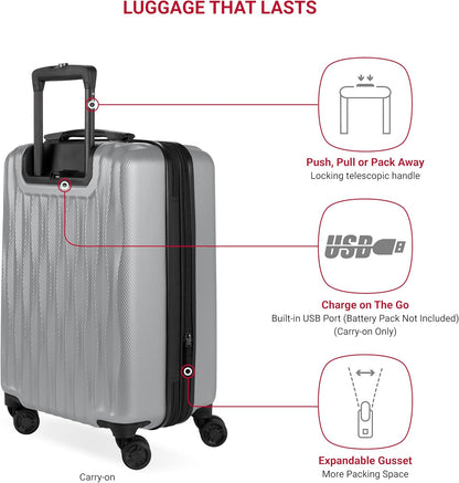 SwissGear 7272 Energie Hardside Expandable Luggage with Spinner Wheels, Silver, 3-Piece Set (19/24/27)