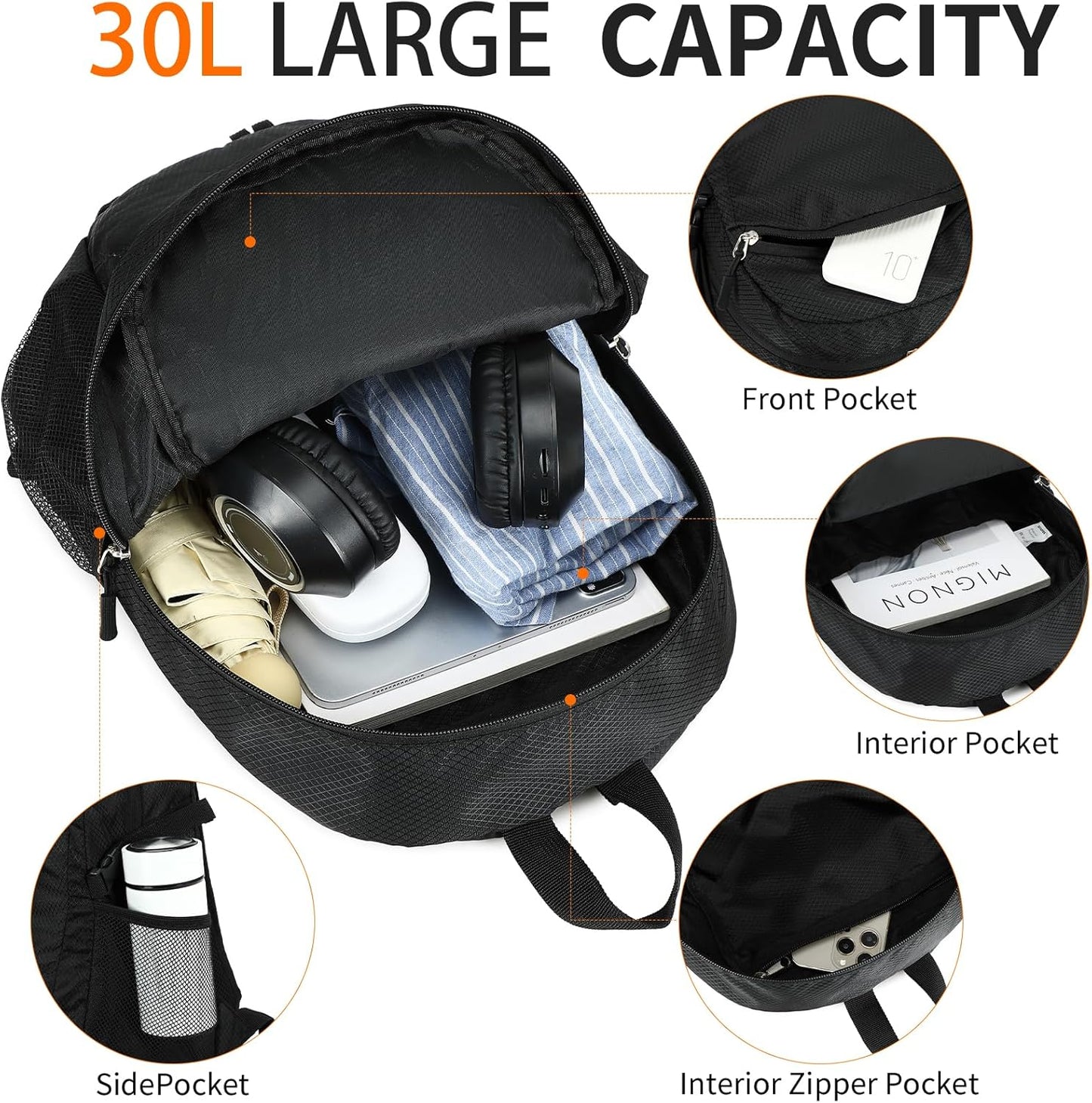 Large Hiking Daypack,30L Water Resistant Hiking Backpack Packable Lightweight Travel Day Pack for Women Men (Black, Large)