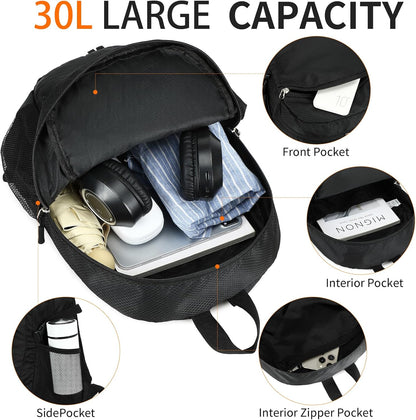 Large Hiking Daypack,30L Water Resistant Hiking Backpack Packable Lightweight Travel Day Pack for Women Men (Black, Large)