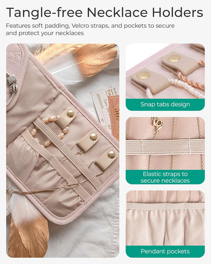 BAGSMART Travel Jewelry Organizer Case Foldable Jewelry Roll for Journey Rings, Necklaces, Earrings, Bracelets,Mini,Soft Pink