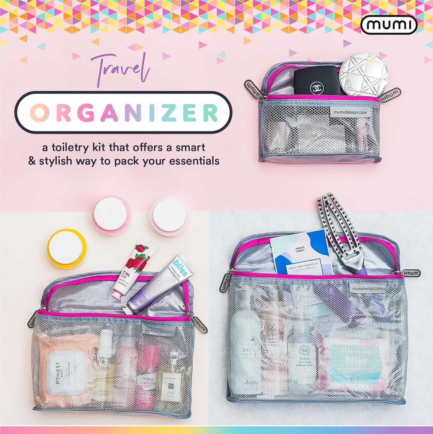 MUMI Travel Toiletry Bag Set of 3 – Clear TSA Approved Toiletry Bags for Women – Reusable Water-Resistant Makeup Organizer Pouches for Skincare, Cosmetics, Travel Accessories, Airport Packing - Blue