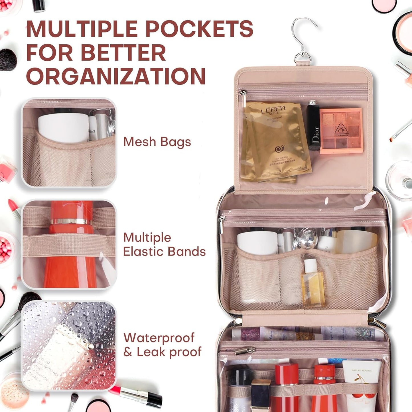 Hanging Toiletry Bag for Women Travel, 2 Sizes Large & Small Waterproof Cosmetic Organizer with 4 Compartments, Rotating Hook, Foldable Pink Travel Bag for Toiletries & Makeup Red Sandalwood