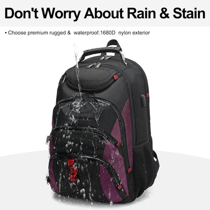 Boavan Laptop Backpack for men, 17.3 inch Laptop Bag with USB Port, Waterproof Travel Work Backpack Purse, Anti-Theft Teacher Nurse Doctor Casual Bookbags Office Business backpack，Black& Purple