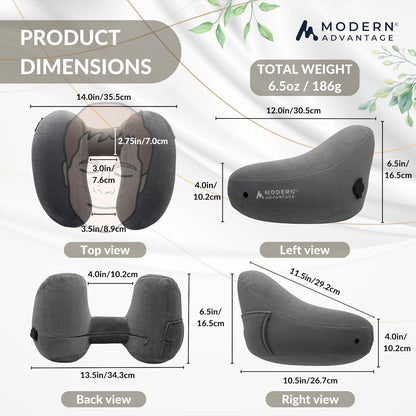 Modern Advantage Inflatable Travel Pillow for Airplanes – Hooded Neck Pillow with Adjustable Support – Comfortable, Compact & Travel-Friendly – Perfect for Sleeping on Long Flights (Grey)