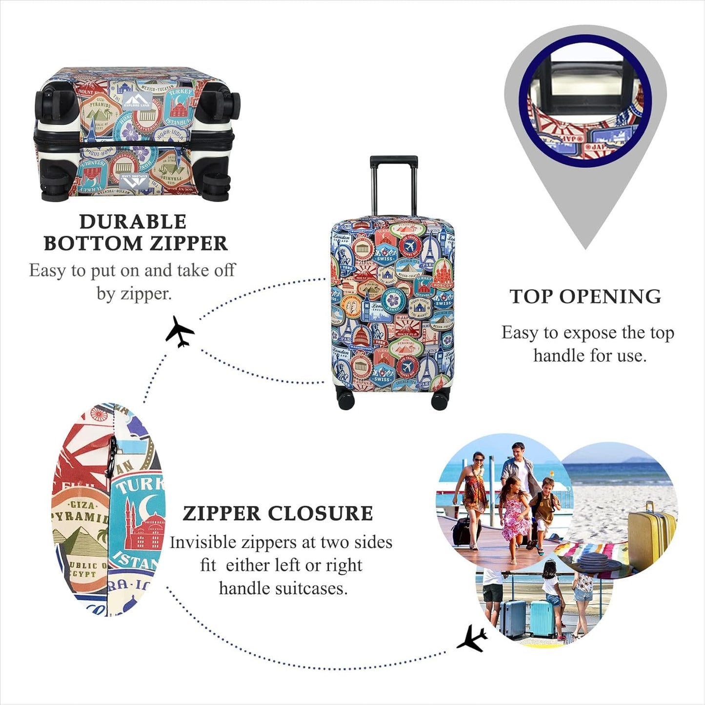 Explore Land Travel Luggage Cover Suitcase Protector Fits 27-30 Inch Case (Landmark Sticker, L)