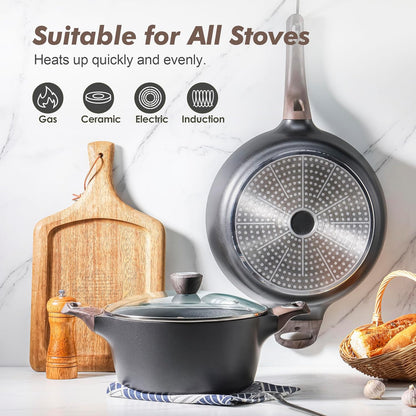 SENSARTE Pots and Pans Set Non stick, Non toxic Healthy Induction Cookware Set, 14 Pcs Non Stick Kitchen Cooking Set with Frying Pans Set & Saucepan, PFOA PFOS APEO Free, Black