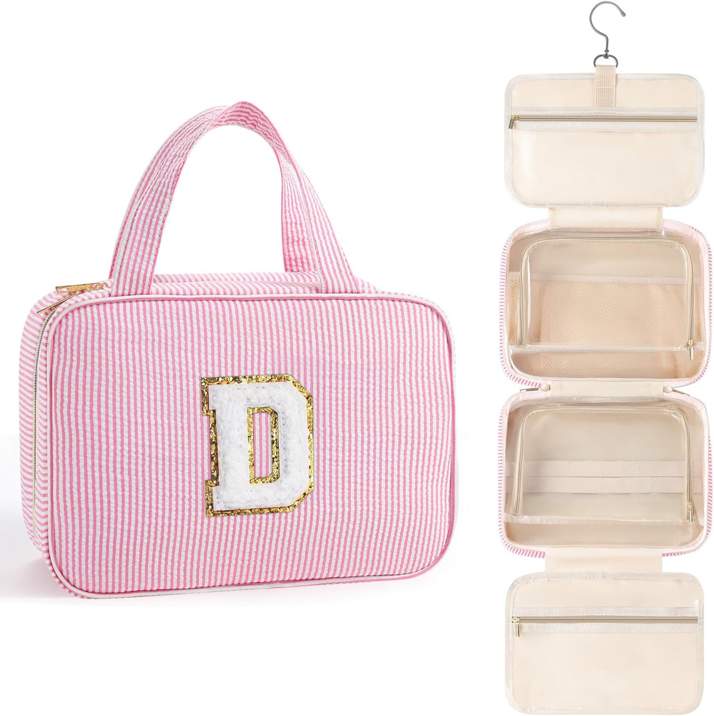 TOPEAST Travel Toiletry Bag for Women - Hanging Toiletry Bag, Large Capacity Personalized Makeup Pouch, Travel Essentials - Letter D, Pink