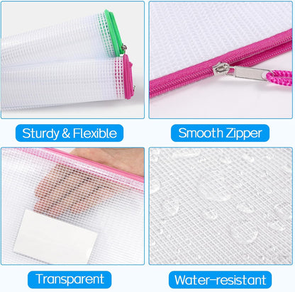 Sooez 14 Pack Mesh Zipper Pouch Bags, A4 Letter Size, Zipper Bags with Label Pocket, Waterproof Pouches for Classroom Organization, Board Game Storage, Document Bag for Teacher School Office Supplies