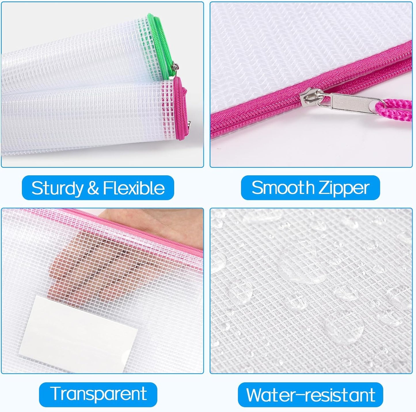 Sooez 20 Pack Mesh Zipper Pouch Bags, A4 Letter Size, Zipper Bags with Label Pocket, Waterproof Pouches for Classroom Organization, Board Game Storage, Document Bag for Teacher School Office Supplies