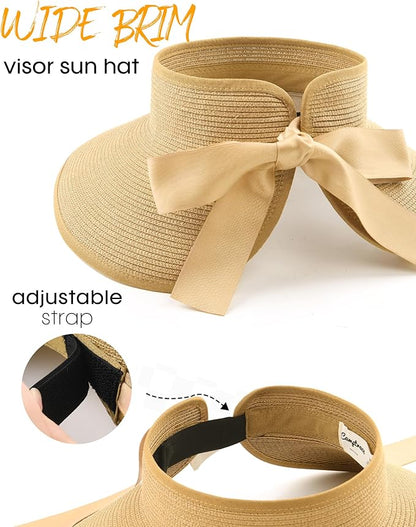 Camptrace Sun Visors for Women Wide Brim Beach Hat Foldable Straw Visor Hat Ponytail Summer Packable UPF 50+