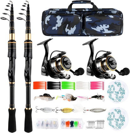mouhike Carbon Fiber Telescopic Fishing Rod Reel Combo Lightweight Collapsible Spinning Pole Reel Kit Fishing Gear Set Portable Travel Fishing Kit with Tackle Bag Lures Hooks Fishermen Gift
