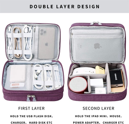 mygreen Electronics Travel Organizer Storage Bag, Double Layer Universal Traveling Gear Accessories Carrying Cover Pouch for iPad Mini Cables Phone Chargers Adapter Flash Hard Drive and More Purple
