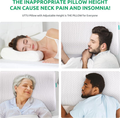 UTTU Cervical Pillow for Neck Strain Relief, Memory Foam Neck Pillow for Sleeping, Adjustable Orthopedic Sandwich Pillow, Contour Cooling for Side Back Stomach Sleeper, Medium(23.6"×14"×5.2"/4.5")