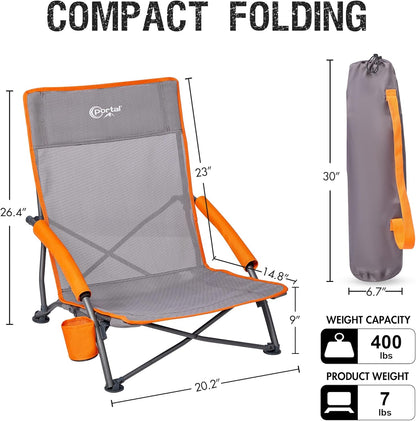 PORTAL Beach Chairs for Adults Camping Low Lightweight Portable Chair with Cup Holder Mesh Back Carry Bag for Outdoor Sand Lawn Travel Picnic Festival Concert, 350LBS