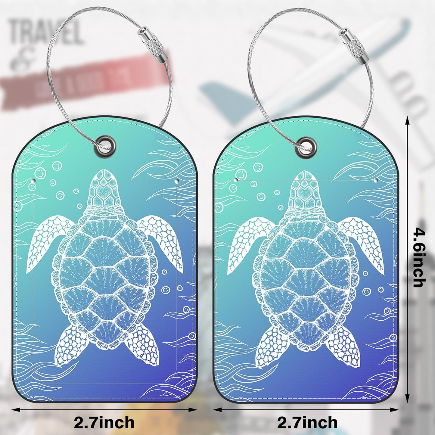 2 Pack Luggage Tag for Suitcase Turtle Leather Suitcase Tags with Privacy Name ID Label and Stainless Steel Loop for Travel Bag