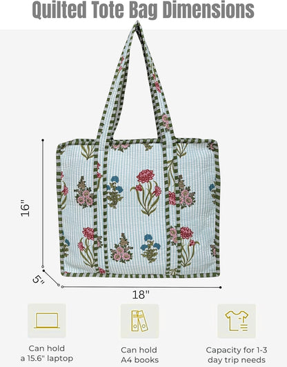 Cotton Quilted Tote Bag for Women – Large Beach & Travel Tote with Zipper, Reusable Grocery Bag
