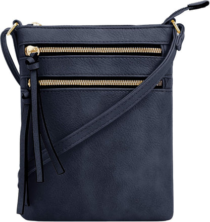 DELUXITY | Crossbody Purse Bag | Functional Multi Pocket Double Zipper Purse | Adjustable Strap | Medium Size Purse | Navy