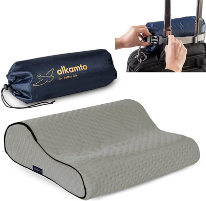 Travel & Camping Comfortable Memory Foam Pillow – Easy to Carry Portable Bag – Temperature Regulating Pillow Case (Grey Contour)