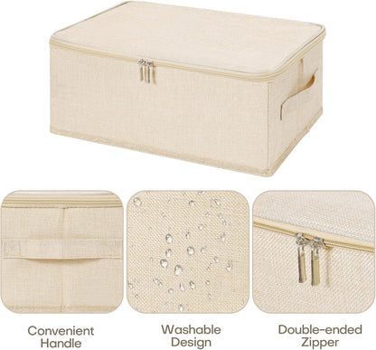 ANMINY 2PCS Storage Bins with Zipper Lids 13 Qt Lidded Fabric Storage Boxes Baskets Cubes with Handles Collapsible Washable Cotton Linen Closet Shelf Clothes Organizer Containers - Beige, Small