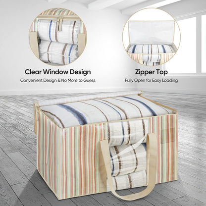 BALEINE 4-Pack Oversized Moving Bags with Reinforced Handles, Heavy-Duty Storage Tote for Clothes, Moving Supplies (Color Stripe with Window, 4-Pack)