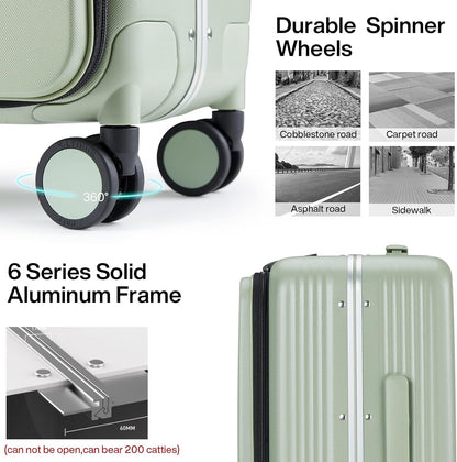 Hanke Grace Hard Shell Suitcases with Wheels,20 Inch Carry On Luggage Airline Approved with Aluminum Frame, Travel suitcase with Front Pocket Travel Luggage for Short Business Trips, Bamboo Green.