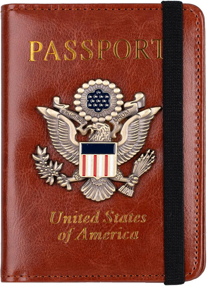 TOURSUIT RFID Blocking Passport Holder for Women Men, Leather Passport Travel Wallet with Metal 3D Metal Badge, Travel Document Holder Cover Accessories (Brown)