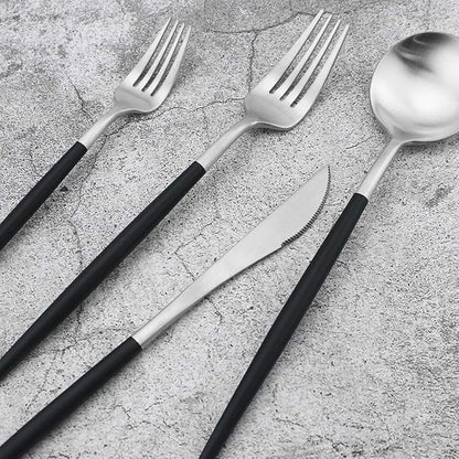 Gugrida 20-Piece 18/10 Stainless Steel Flatware Silverware, Luxury Dinnerware Set Travel Cutlery Tableware Include Knife Fork Spoon Service for 4, Dishwasher Safe (Black Handle Matte Silver)