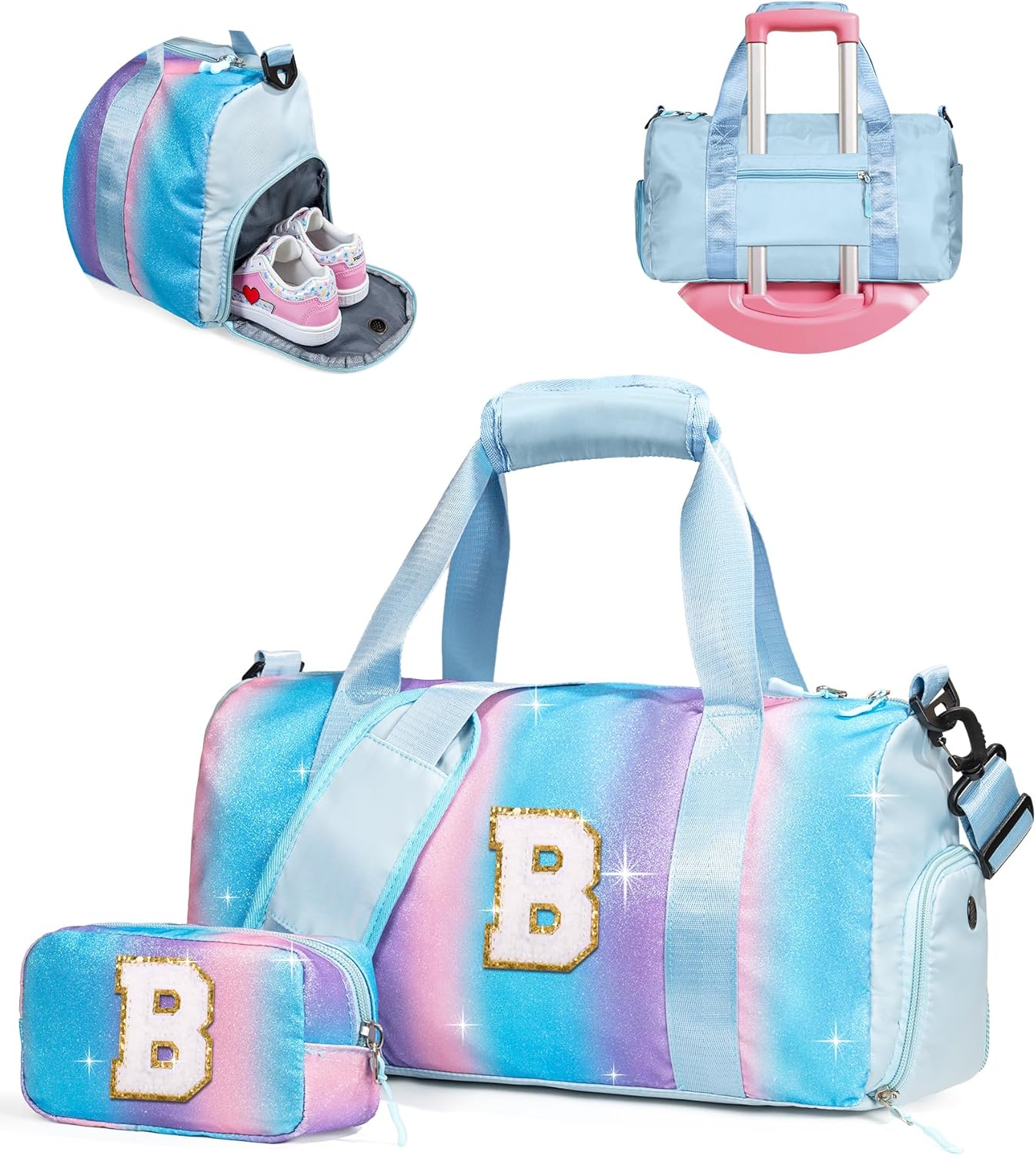 Birthday Gifts for 3 4 5 6 7 8 9 10 11 12 Year Old Girls-Girl Gym Bag with Shoe Compartment, Kid Personalized Weekender Overnight Bags, Initial Travel Tote with Makeup Pouch (Letter B)