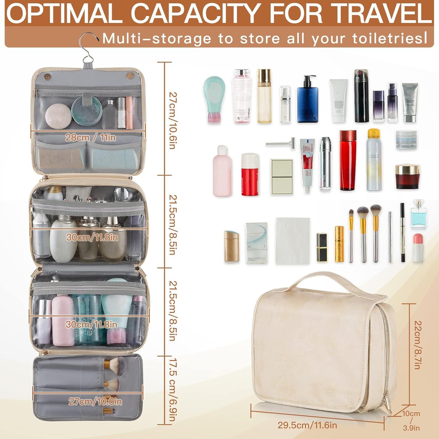 Elviros Hanging Travel Toiletry Bag for Women, 3-in-1 Large Makeup Bag and Cosmetic Organizer, Vegan Leather Waterproof Skincare Case for Travel Size Toiletries and Accessories