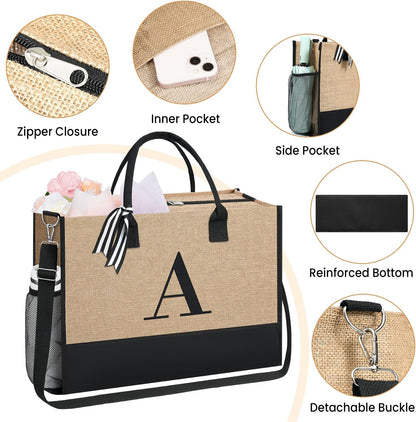 BAGAIL Initial Tote Bag, Personalized Birthday Gifts for Women, Teacher, Friends, Mom, Wedding, Monogrammed Beach Bag