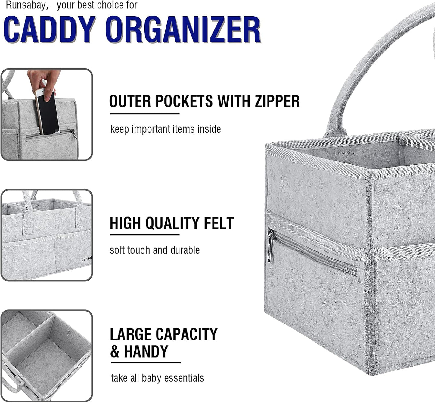 Runsabay. Nursery Basket-Baby Diaper Caddy Organizer for Changing Table-Portable Holder Tote Bag-Car Organizer with Removable Divider-Best Shower Gift Basket for Newborns Registry- Grey & Large Size