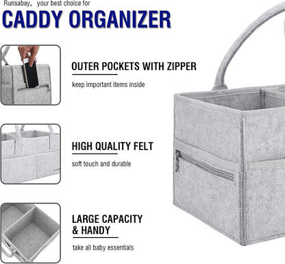 Runsabay. Nursery Basket-Baby Diaper Caddy Organizer for Changing Table-Portable Holder Tote Bag-Car Organizer with Removable Divider-Best Shower Gift Basket for Newborns Registry- Grey & Large Size