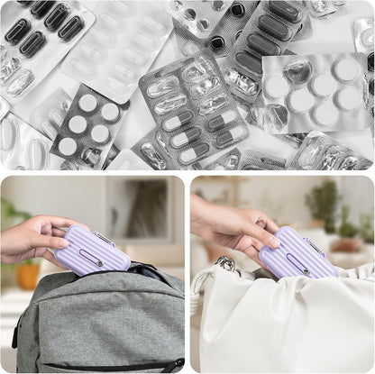 Travel Pill Organizer Box with Medicine Labels, 2Pack 7 Compartments Portable Pill Case, Daily Medication Organizer Storage Pill Container for Pocket Pharmacy(Purple, S+L 2pack)
