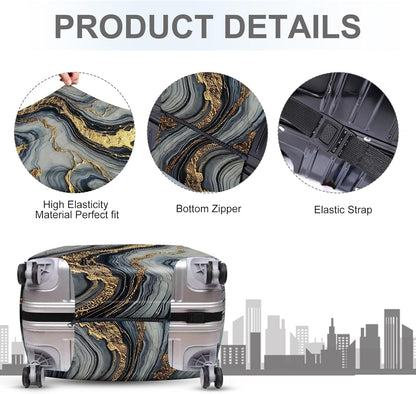 ANNA QUEEN Luxury Marble Gold Luggage Cover, Elegant Black & Grey Suitcase Protector with Faux Gold Vein Design, Stretchable, Washable Spandex Cover for 24-26 Inch Luggage