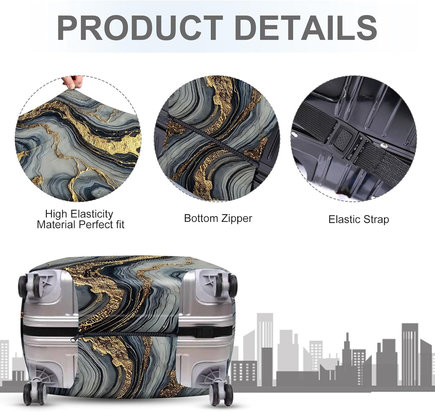 ANNA QUEEN Luxury Marble Gold Luggage Cover, Elegant Black & Grey Suitcase Protector with Faux Gold Vein Design, Stretchable, Washable Spandex Cover for 20-22 Inch Luggage