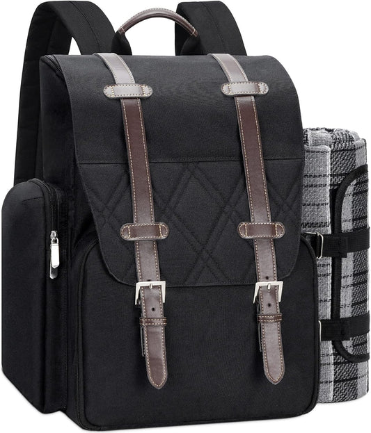 Picnic Backpack for 4 Person with Large Insulated Cooler Bag, Picnic Basket Set with Wine Pouch, Waterproof Picnic Blanket & Cutlery Set. Perfect for Beach, Camping, Party,Wedding Gift for Couple.