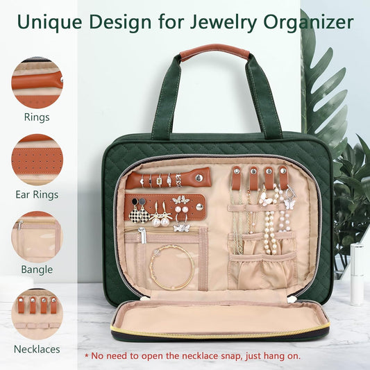 Wedama Toiletry Bag for Women, Hanging Travel Toiletry Bag with Jewelry Organizer Compartment Large Makeup Bag, PVC Waterproof Cosmetic Travel Bag Trips Camping Bathroom, Dark Green