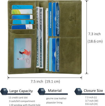 VISOUL Mens Long Bifold Checkbook Wallets Genuine Leather, Tall Checkbook RFID Wallets with Multi Card Pocket for Men (Olive Green)