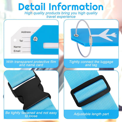 Weewooday 8 Pcs Luggage Straps Suitcase Tags Set for TSA Approved, 4 Travel Adjustable Suitcase Belt, 4 Silicone Luggage Tags with Name ID Card Travel Accessories(Pink, Light Blue,Airplane)