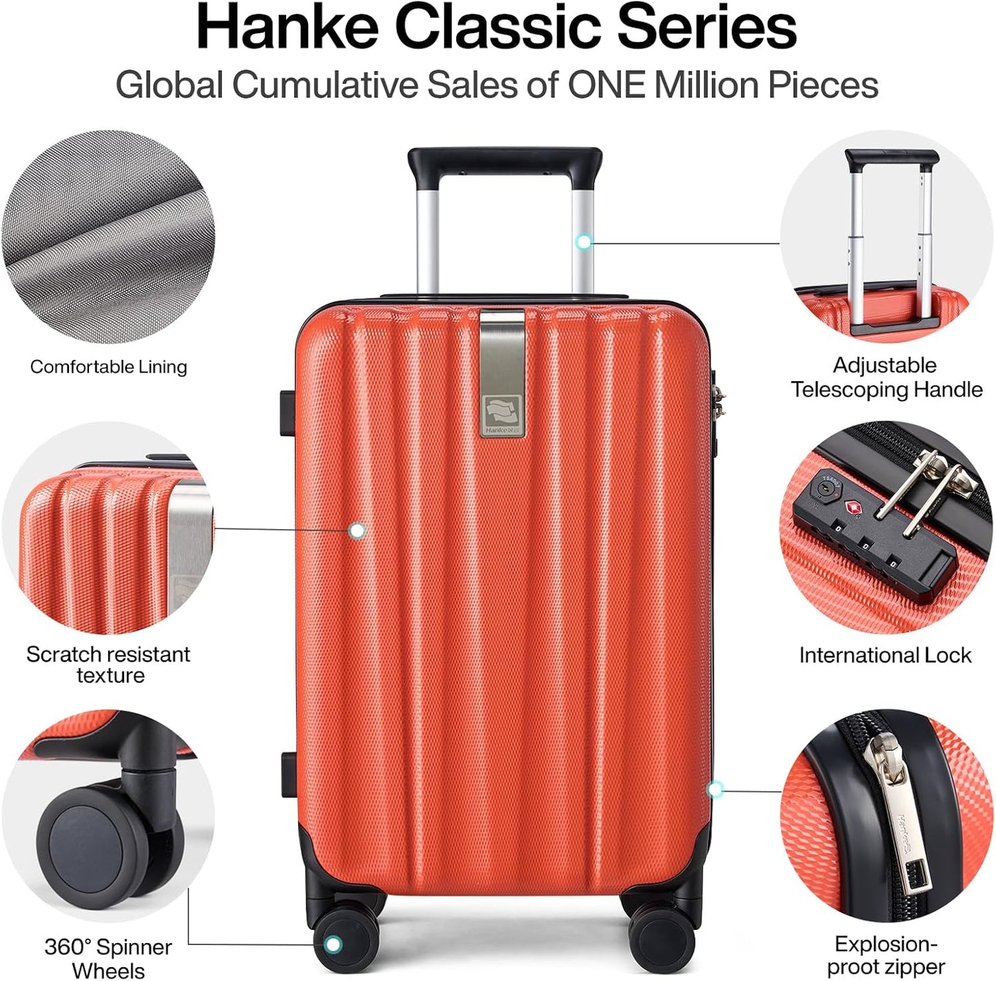 Hanke 20 Inch Carry On Luggage 22x14x9 Airline Approved Lightweight PC Hard Shell Suitcases with Wheels Travel Luggage Rolling Suitcase Travel Luggage Bag Christmas Gifts for Birthday （Orange）