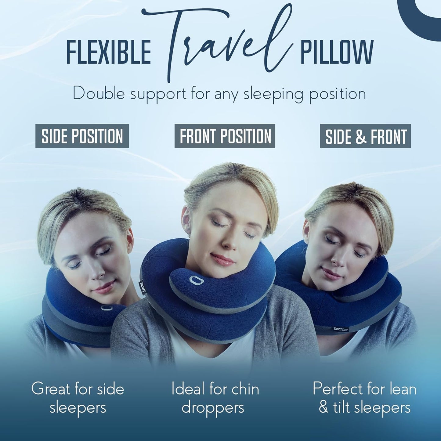 BCOZZY Travel Neck Pillow for Airplane – Patented Double Support for Head, Neck, and Chin. Best for Long Flights, Plane Sleeping & Car Rides. Adjustable Size. Fully Washable. Carry Bag. X-Large, Gray
