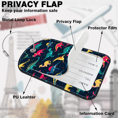 Colorful Dinosaur Leather Luggage Tag for Suitcase 2 Pack Luggage Tag with Privacy Name ID Label and Stainless Steel Loop for Travel Bag Suitcase